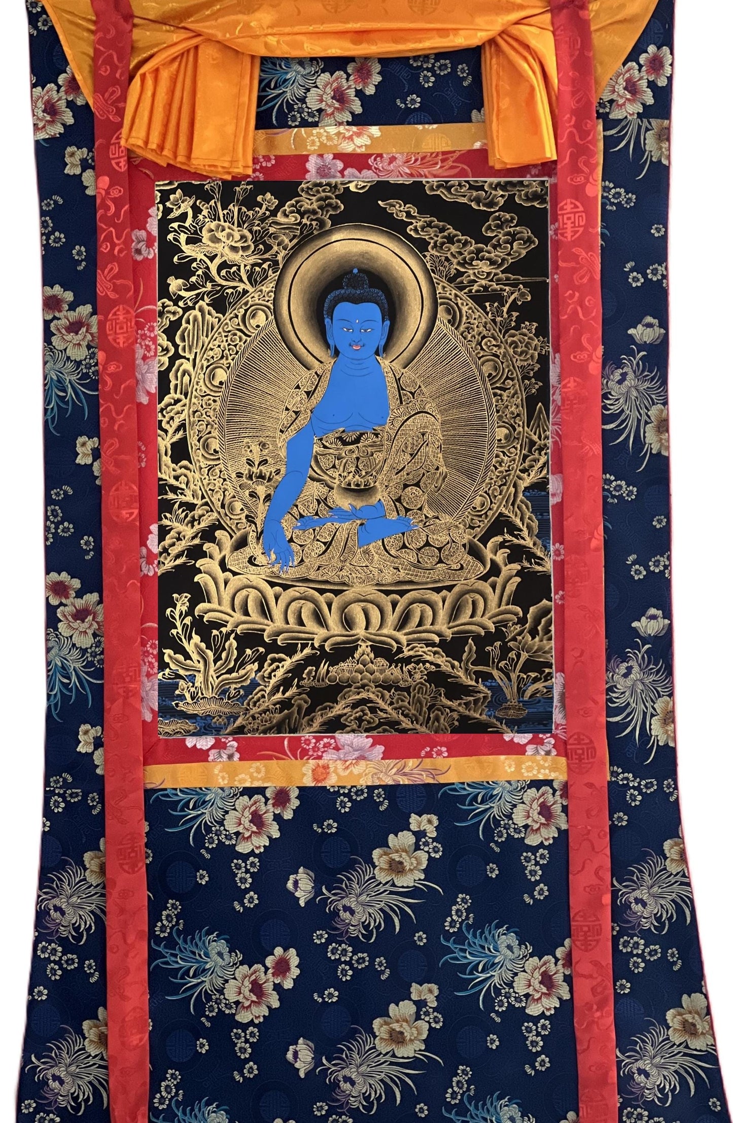 Hand-Painted Tibetan Medicine Buddha Thangka - Bhaisajyaguru Art - Silk Brocaded Painting