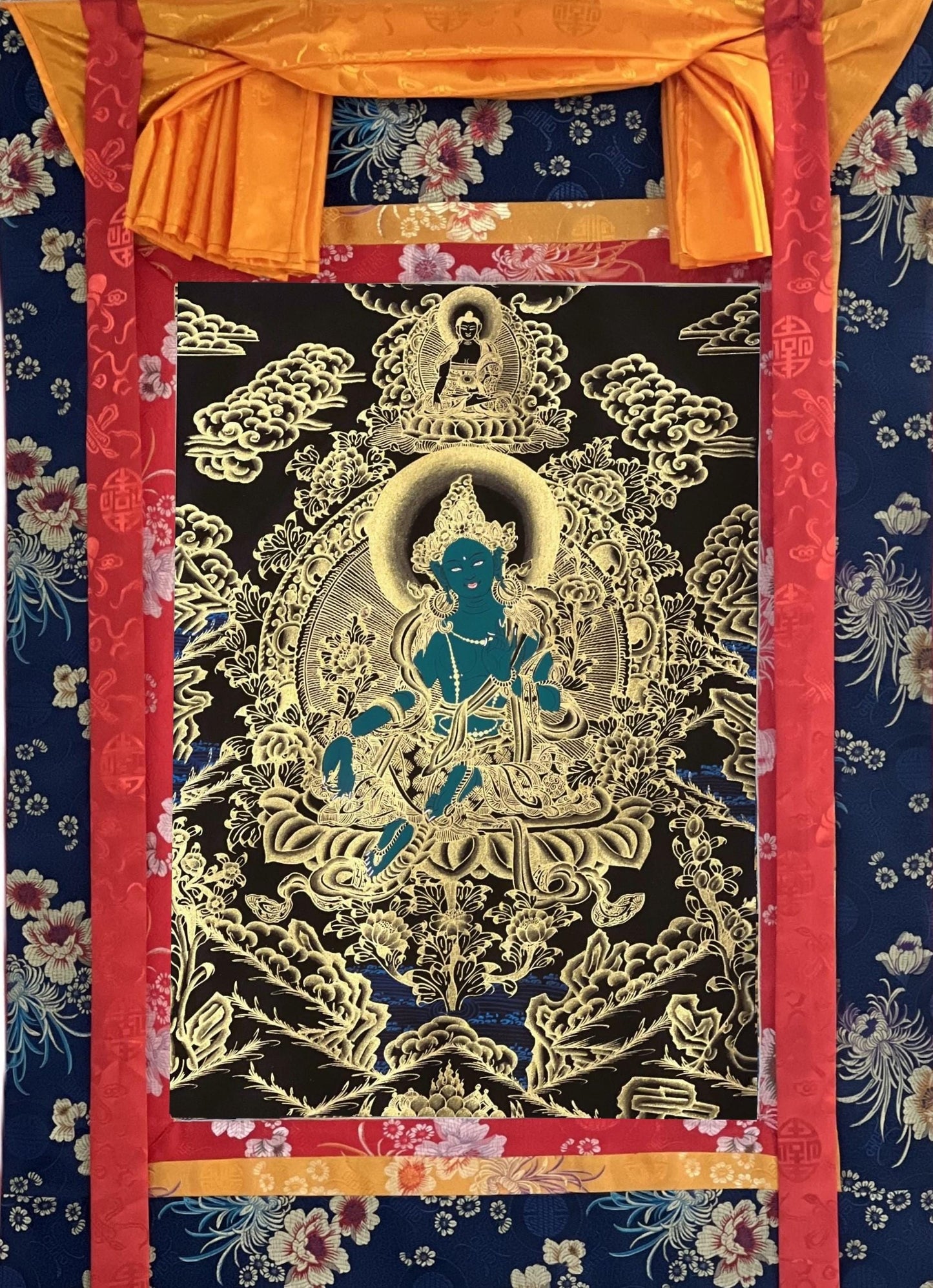 Hand-Painted Green Tara Thangka with Silk Brocade - Tibetan Buddhist Art