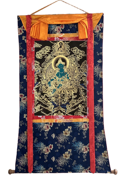 Hand-Painted Green Tara Thangka with Silk Brocade - Tibetan Buddhist Art