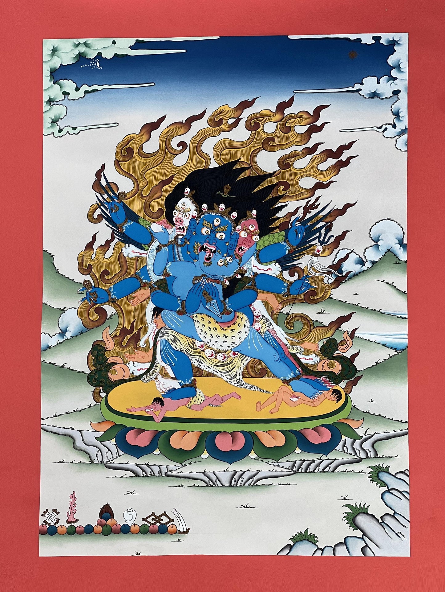 Vajrakilaya – Dagger of Indestructible Reality | Tibetan Masterpiece Thangka Painting framed with Silk Brocade
