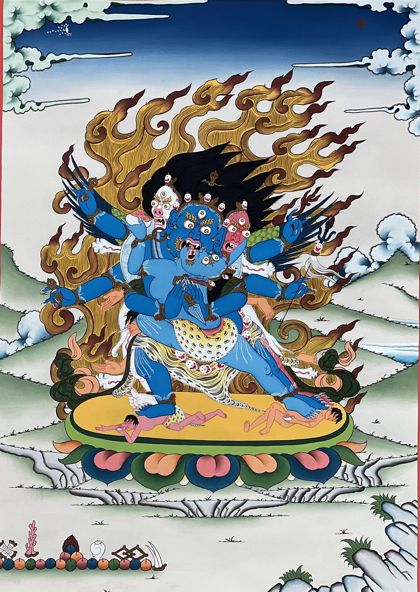 Vajrakilaya – Dagger of Indestructible Reality | Tibetan Masterpiece Thangka Painting framed with Silk Brocade