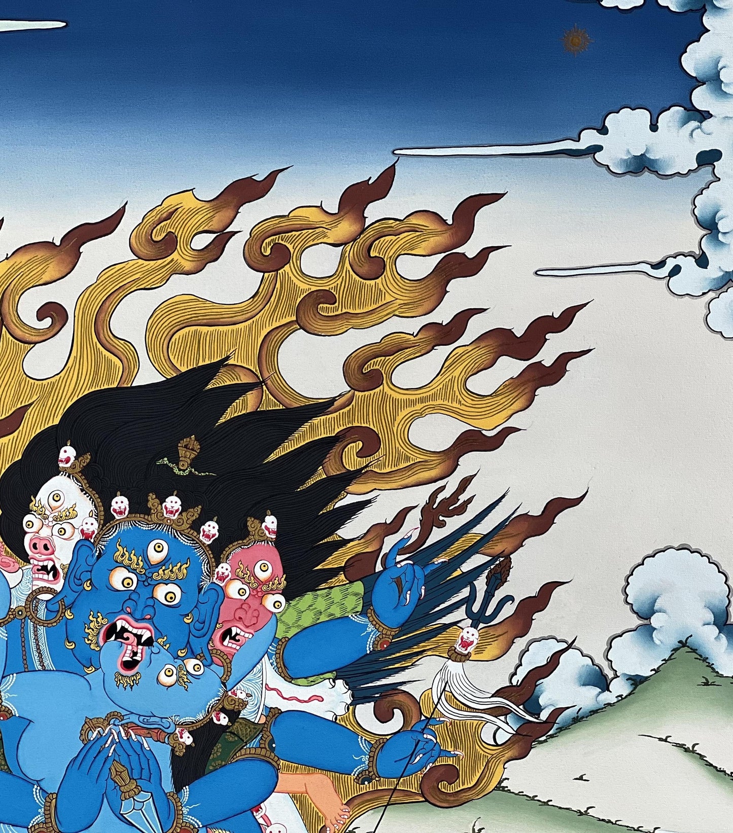Vajrakilaya – Dagger of Indestructible Reality | Tibetan Masterpiece Thangka Painting framed with Silk Brocade
