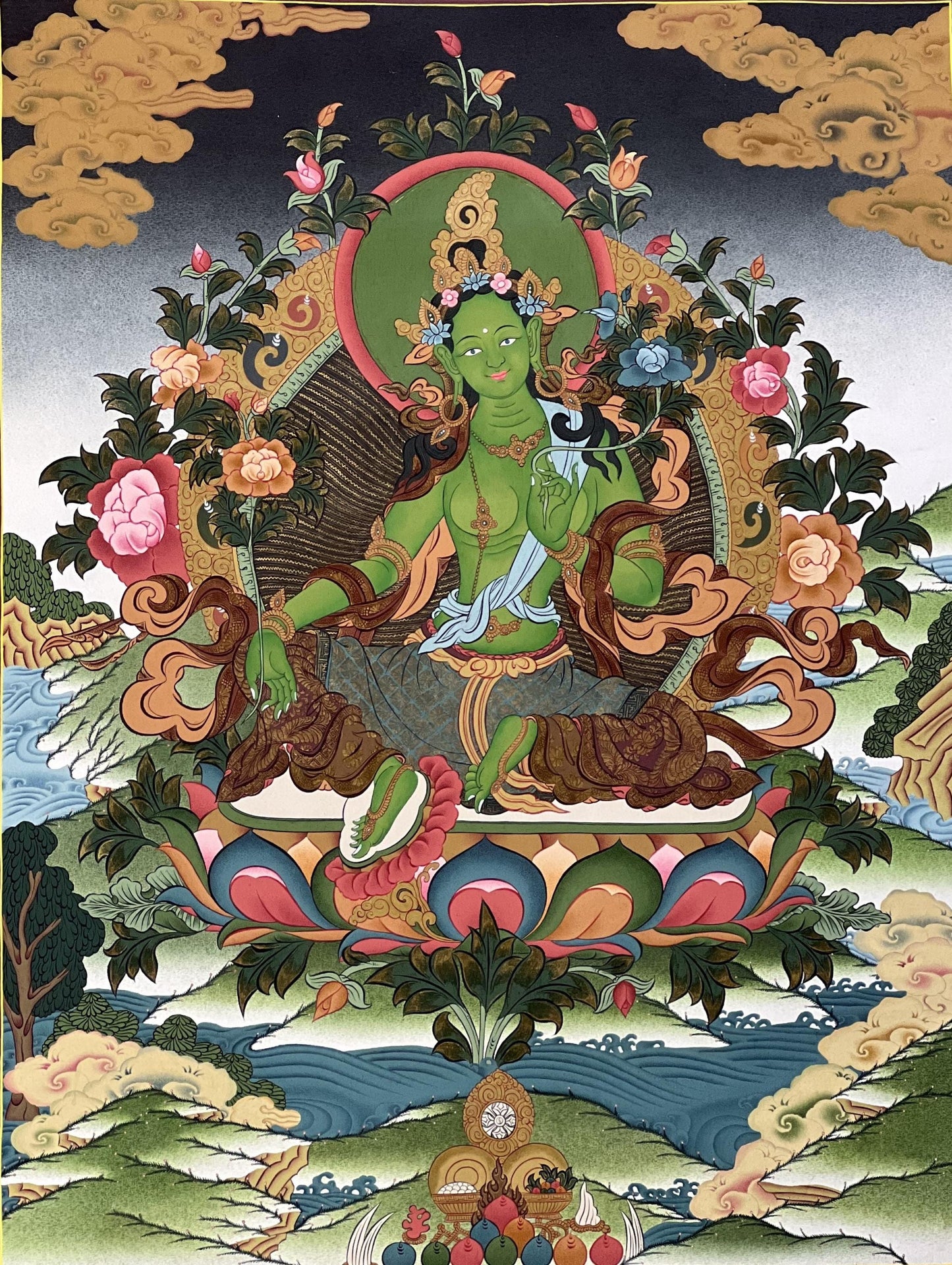 Green Tara Thangka Painting, 24k Gold Tibetan Art, Hand-Painted Masterpiece