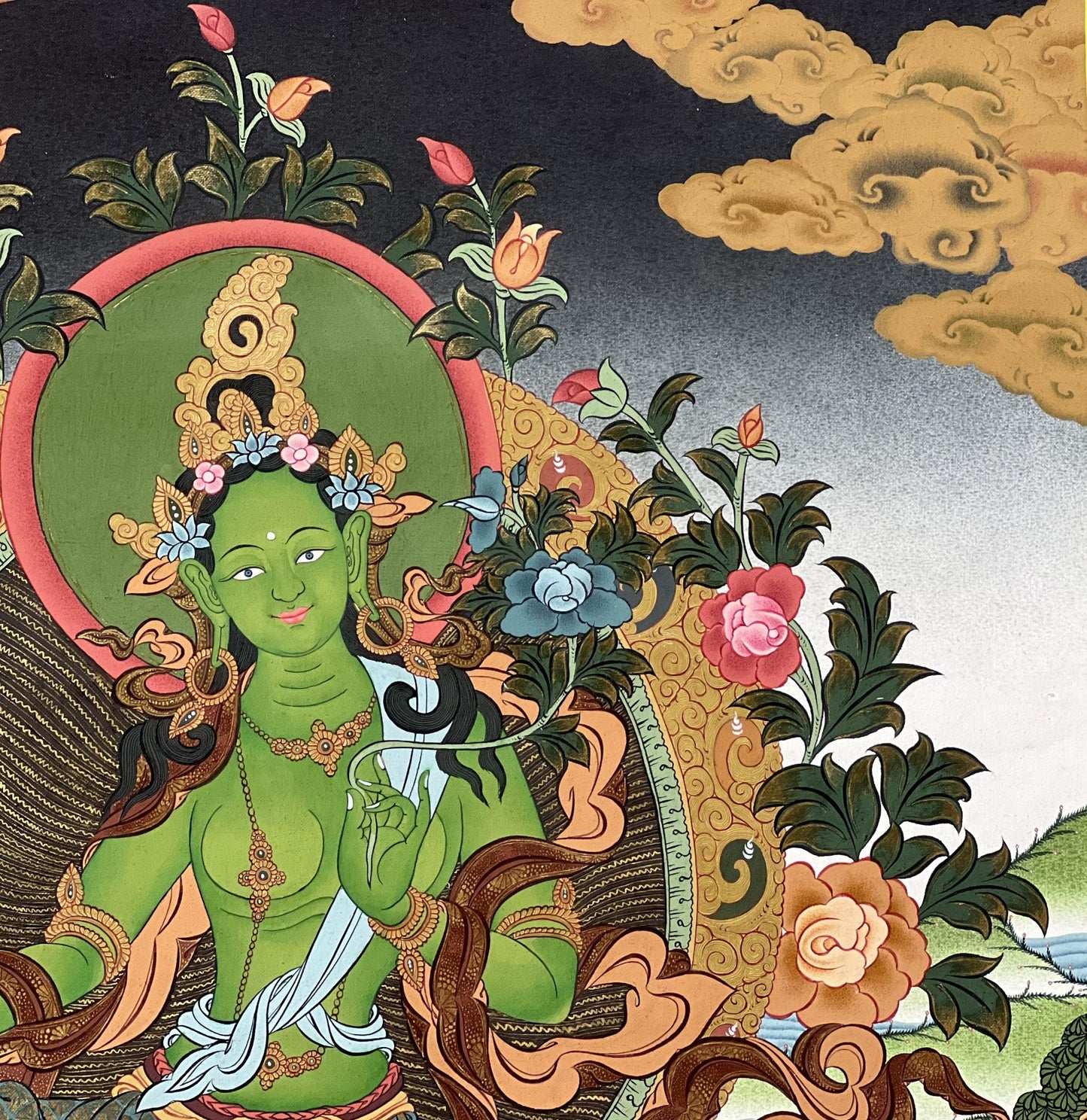Green Tara Thangka Painting, 24k Gold Tibetan Art, Hand-Painted Masterpiece