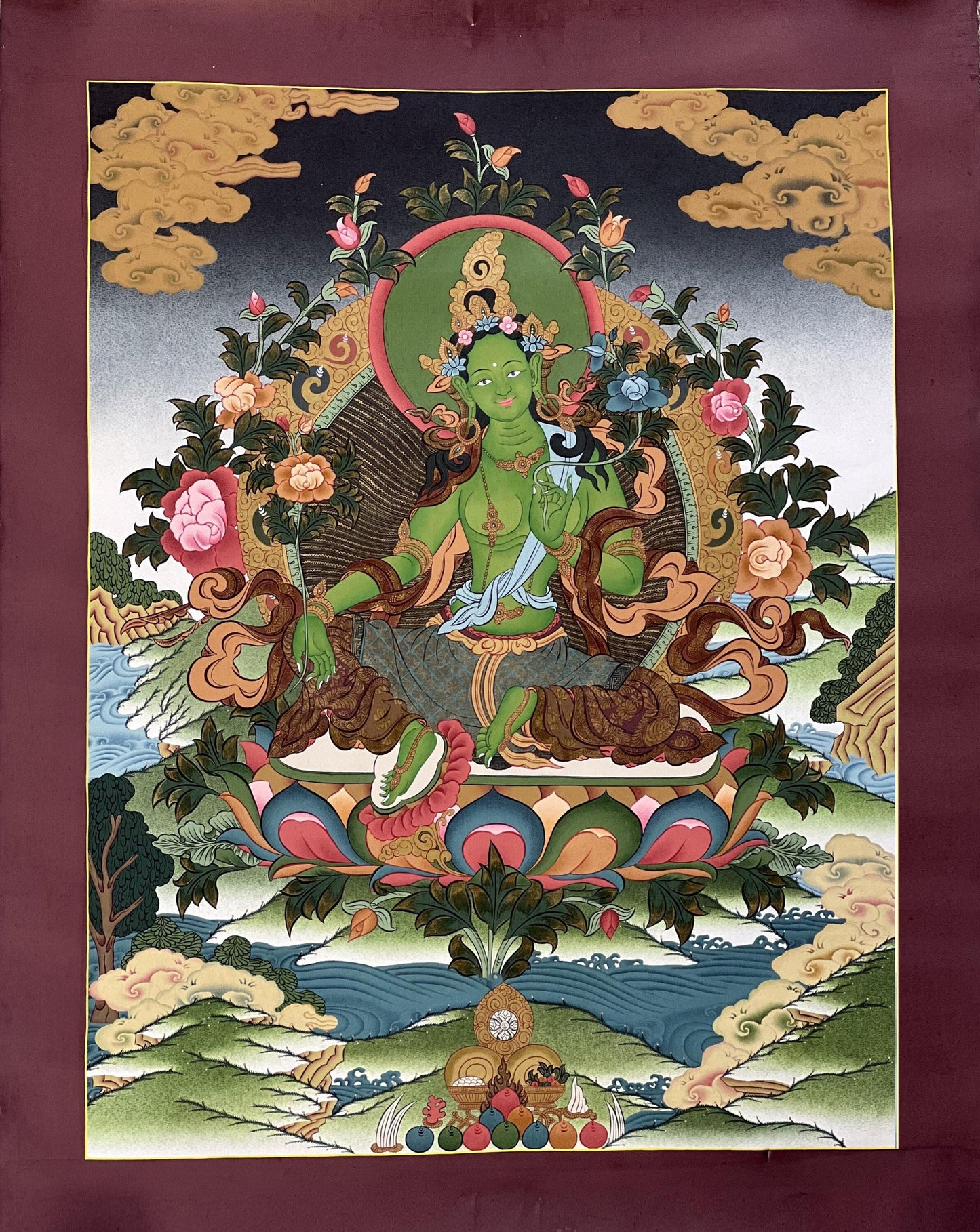 Green Tara Thangka Painting, 24k Gold Tibetan Art, Hand-Painted Masterpiece