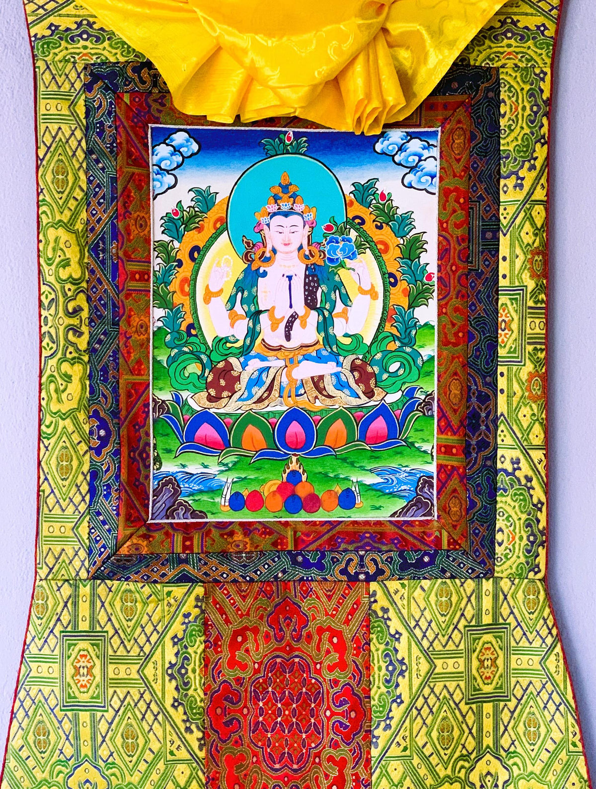 Chenrezig Thangka Painting with Silk Brocade, Tibetan Art
