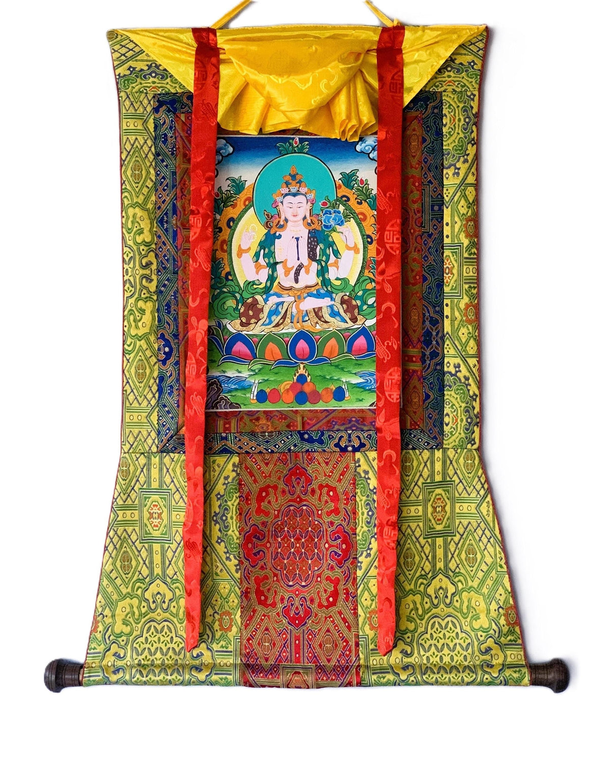 Chenrezig Thangka Painting with Silk Brocade, Tibetan Art