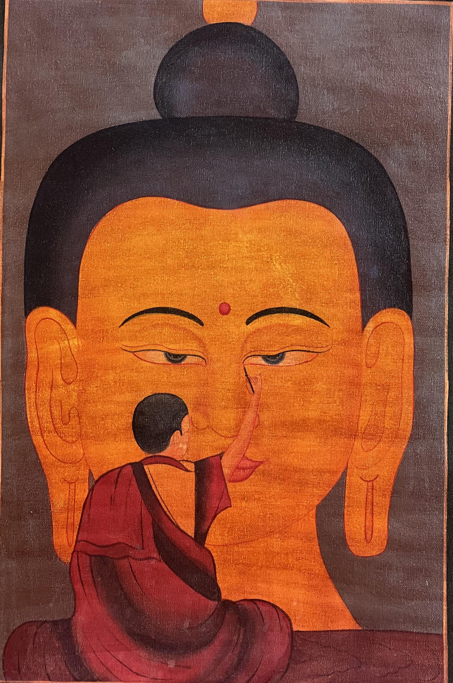 Monk Painting the Buddha Face – Acrylic Canvas Art, Oil-Varnished Finish