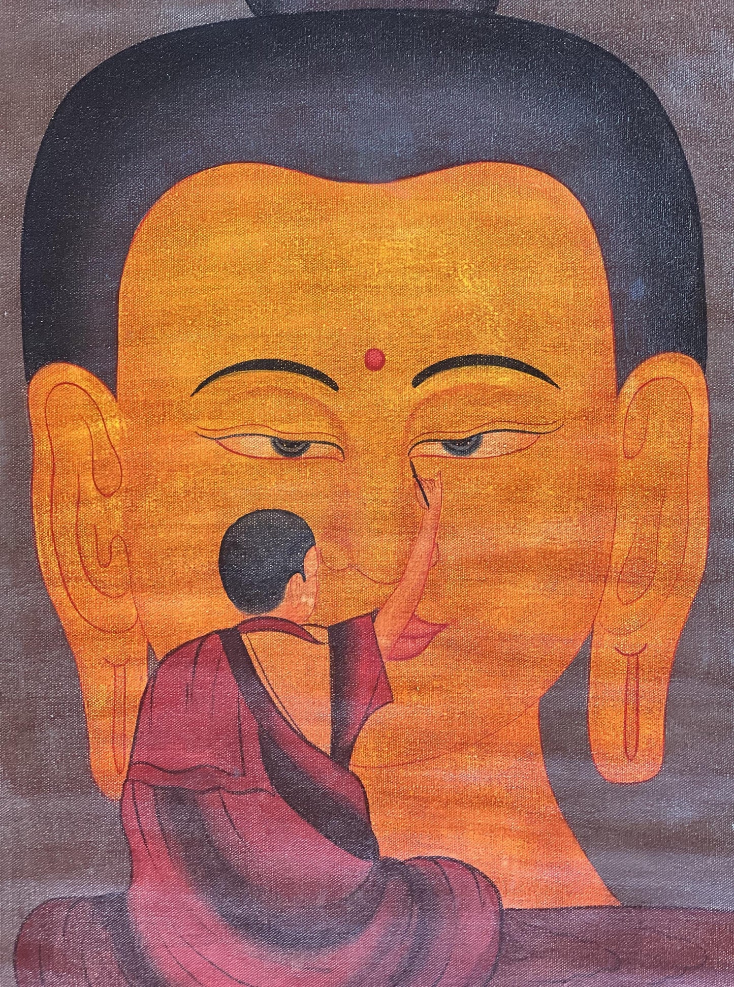 Monk Painting the Buddha Face – Acrylic Canvas Art, Oil-Varnished Finish
