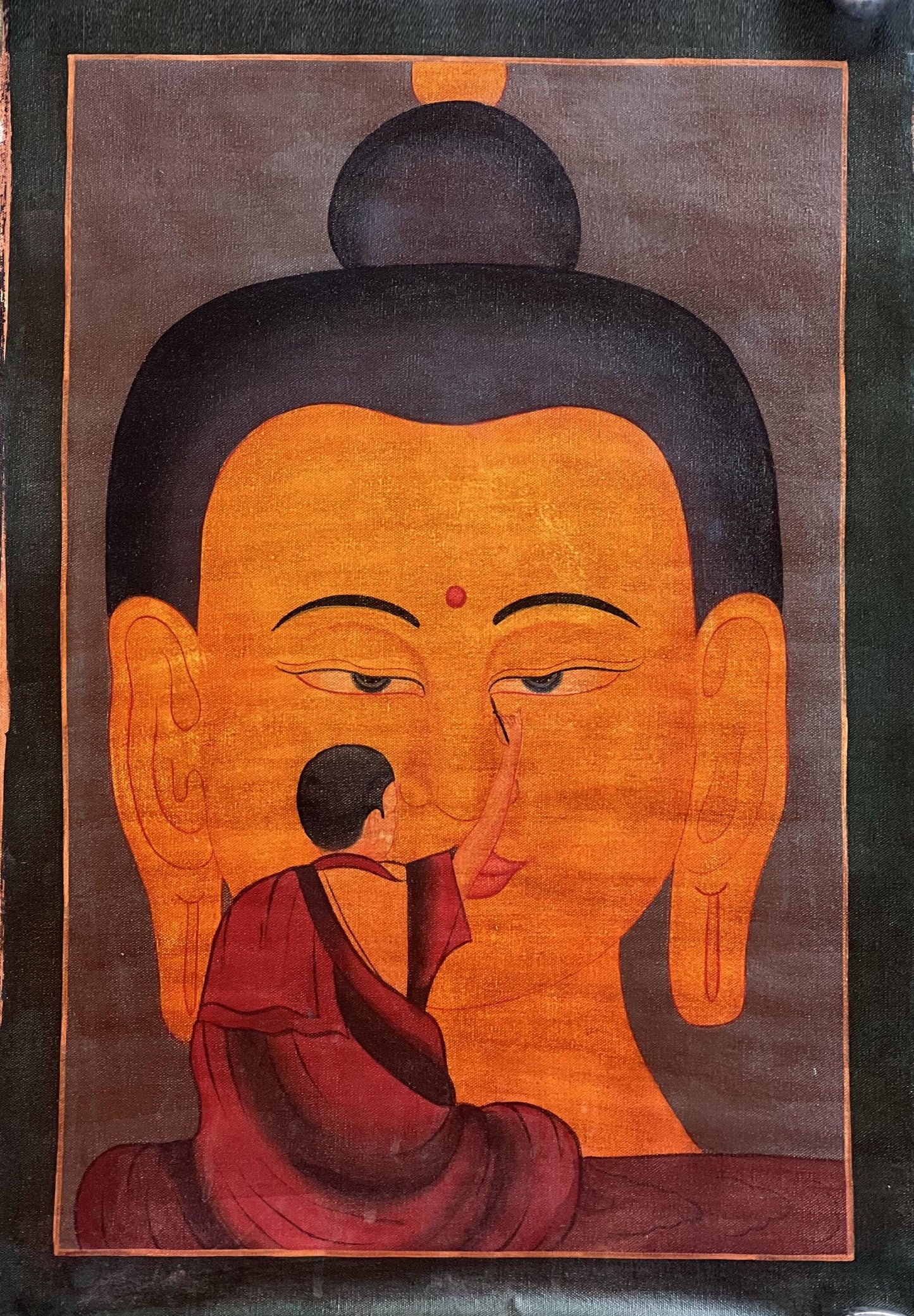 Monk Painting the Buddha Face – Acrylic Canvas Art, Oil-Varnished Finish