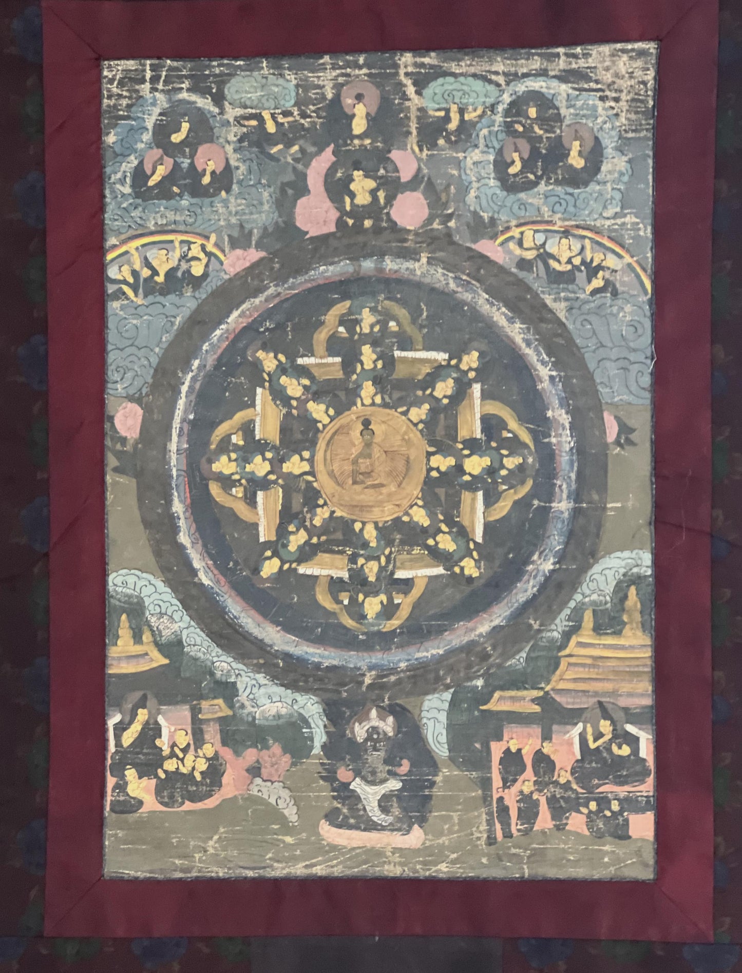 Old Buddha Life Story Mandala | Tibetan Thangka Painting, Meditation Art with Cotton Brocade