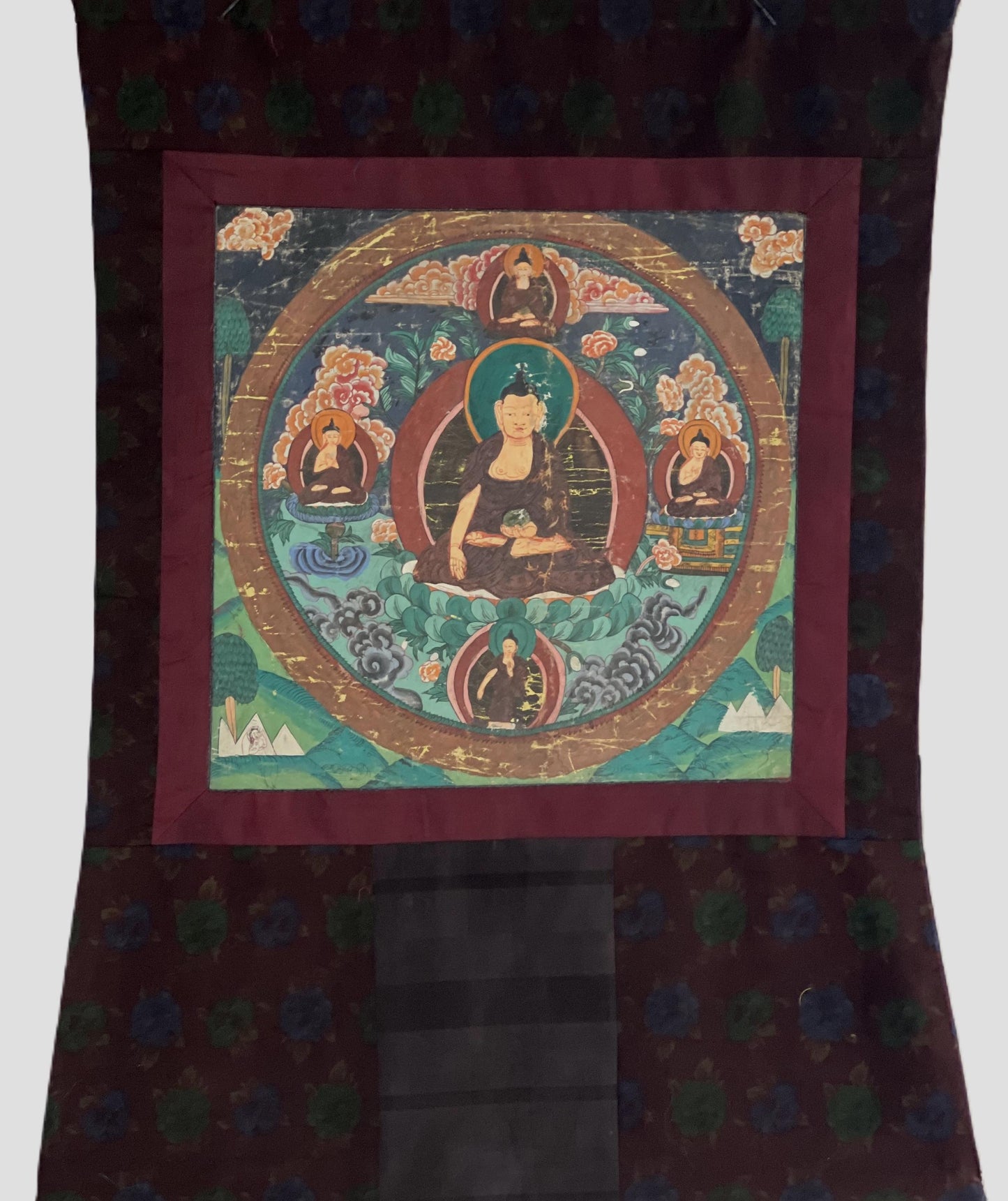 Old  Buddha Life Mandala Thangka | Hand-Painted Tibetan Art Narrow Border (Antique Style)