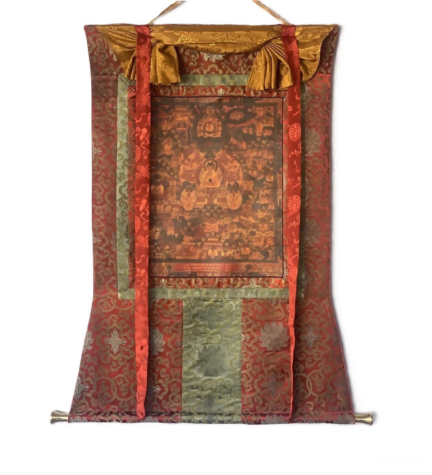Life of Buddha Tibetan Thangka Painting | Hand Painted Oil-Varnished Mandala Art with Silk Brocade