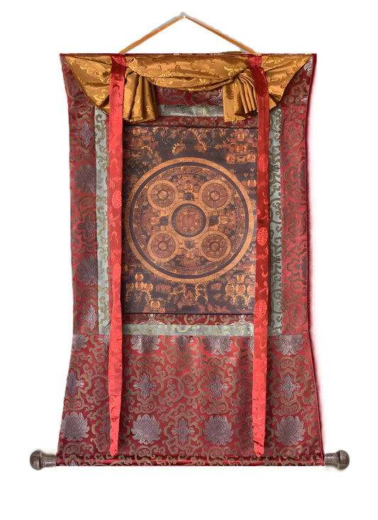 Hand-Painted Five Buddha Mandala  Oil Varnished Thangka with Silk Brocade