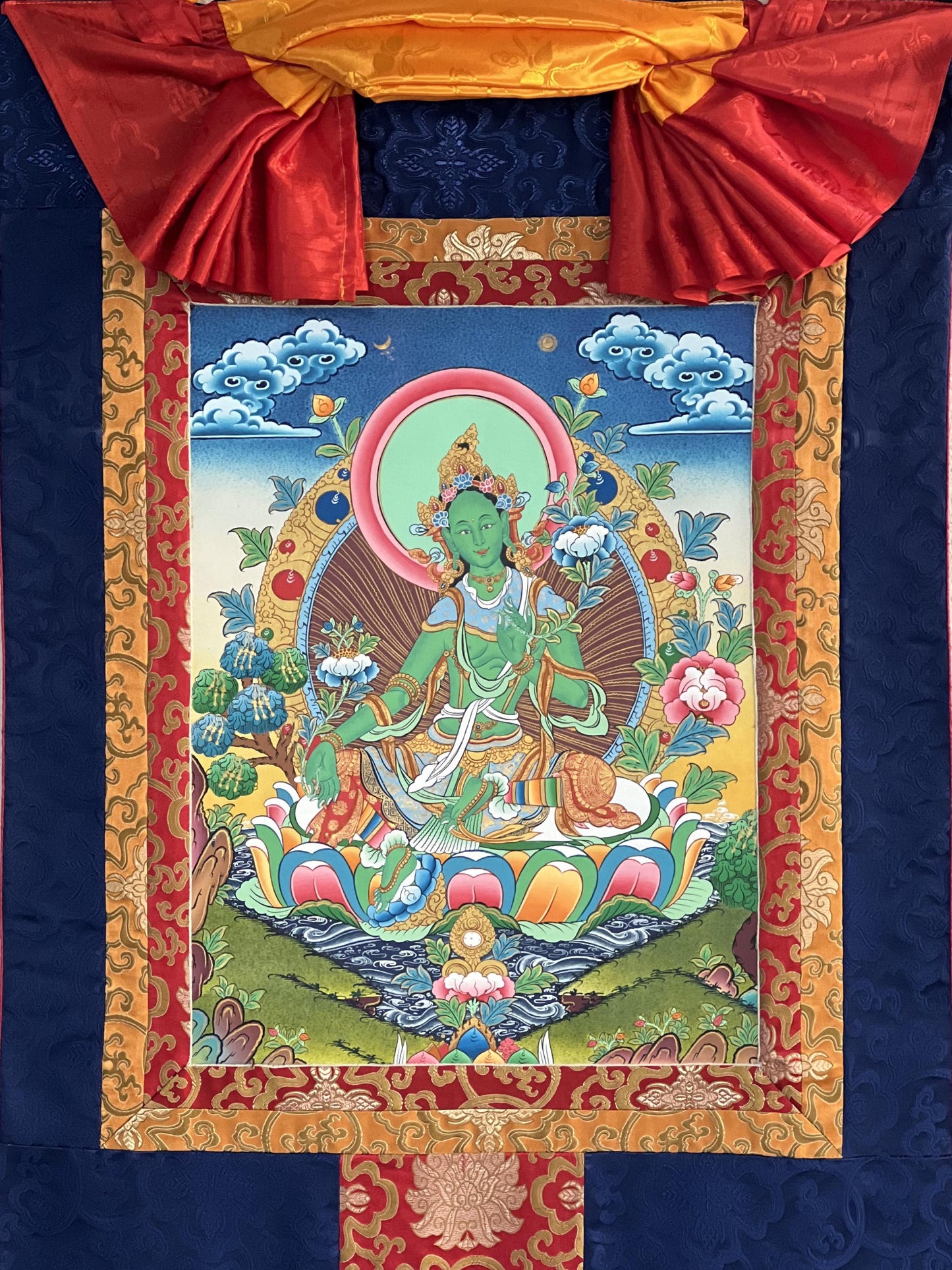 Green Tara Thanka Painting, Original Tibetan Silk Brocade Art