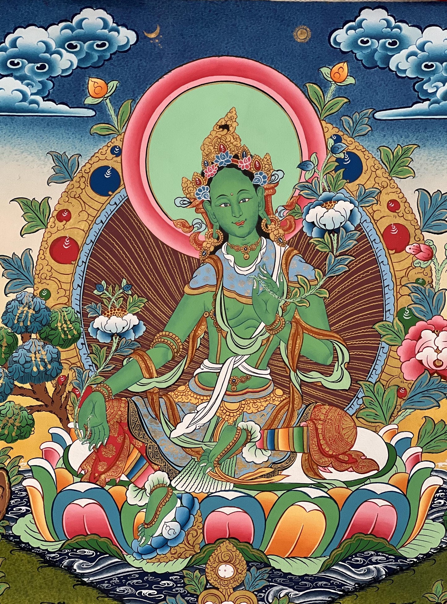Green Tara Thanka Painting, Original Tibetan Silk Brocade Art