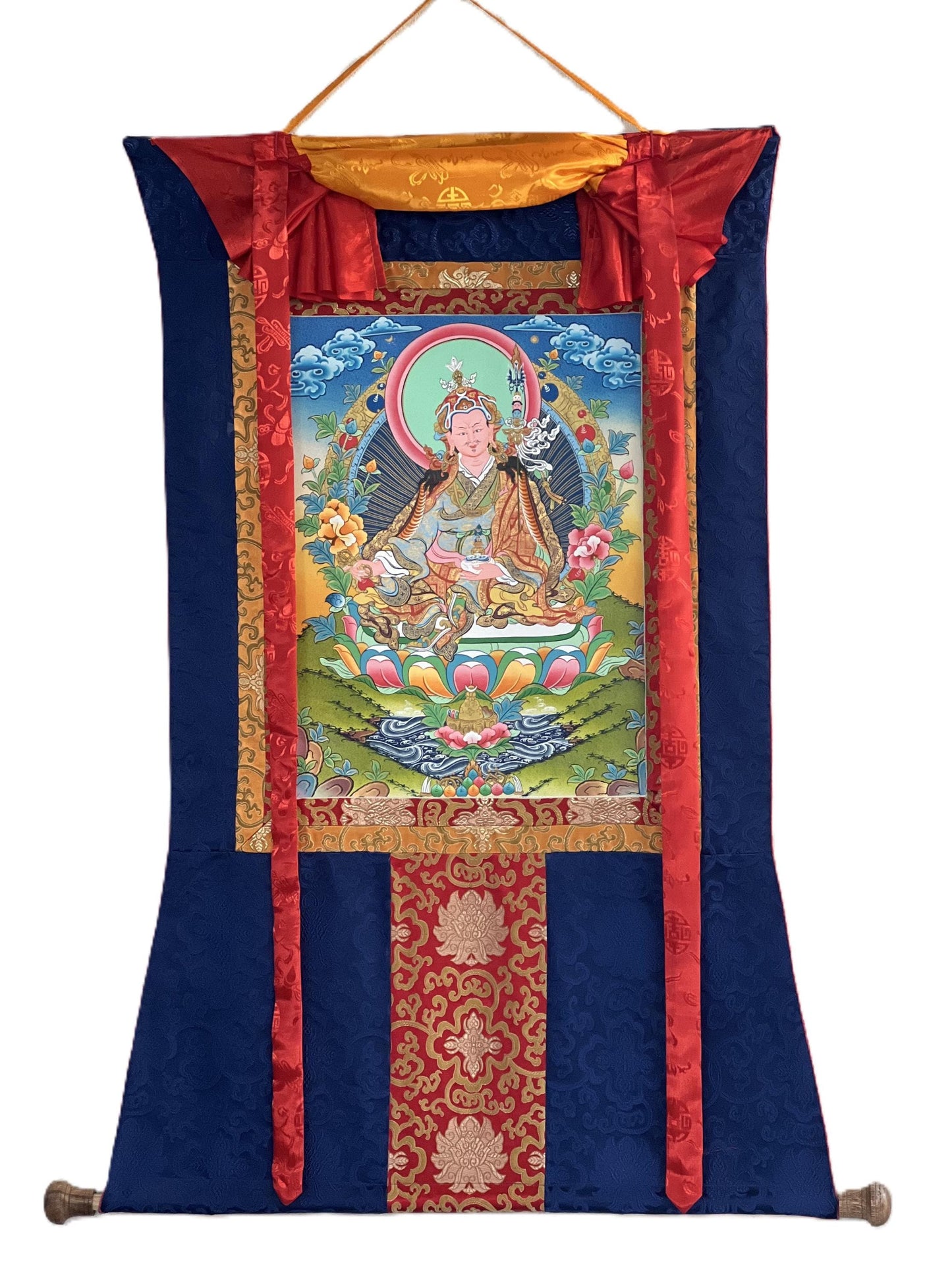 Guru Rinpoche Thangka Painting, Hand-Painted Gold Accents, Tibetan Silk Brocade