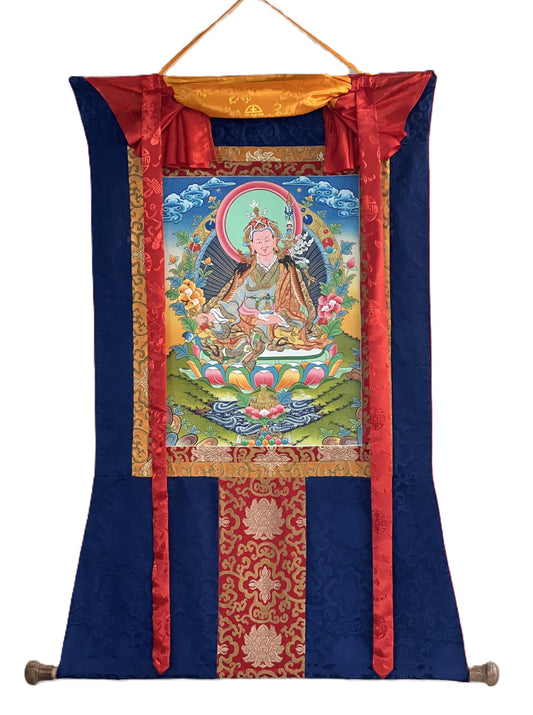 Guru Rinpoche Thangka Painting, Hand-Painted Gold Accents, Tibetan Silk Brocade