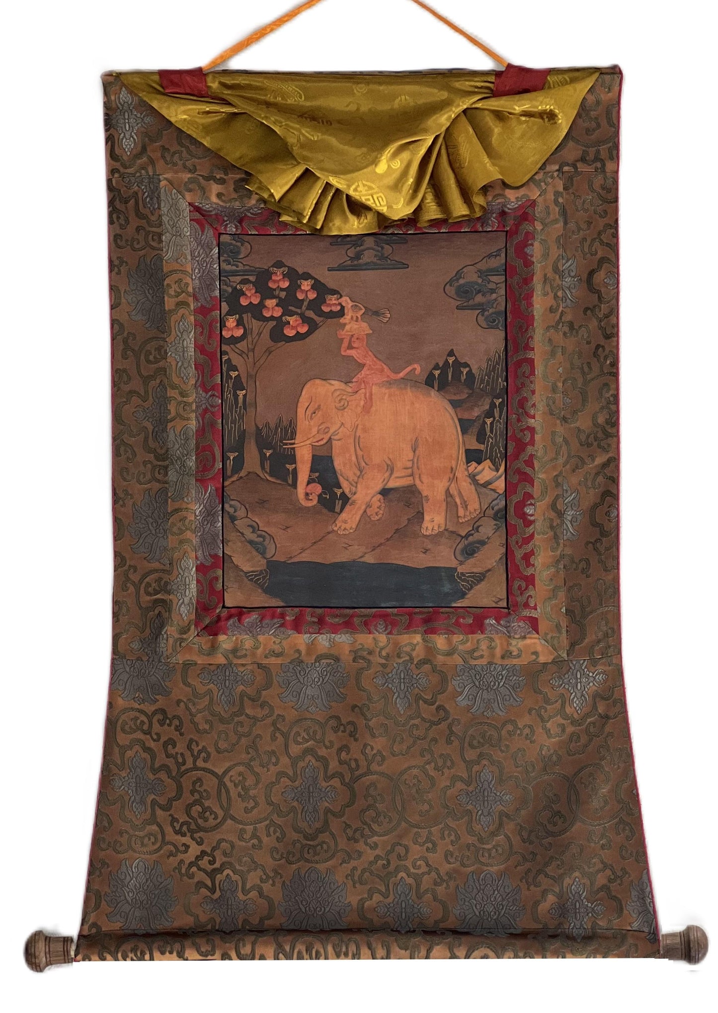 Hand-Painted Four Friends Tibetan Thangka | Silk Brocade, Harmony