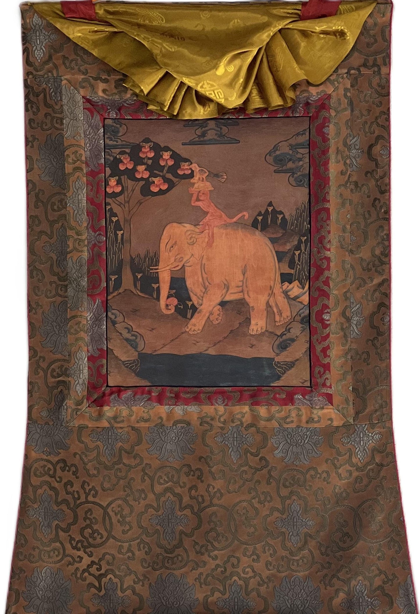 Hand-Painted Four Friends Tibetan Thangka | Silk Brocade, Harmony