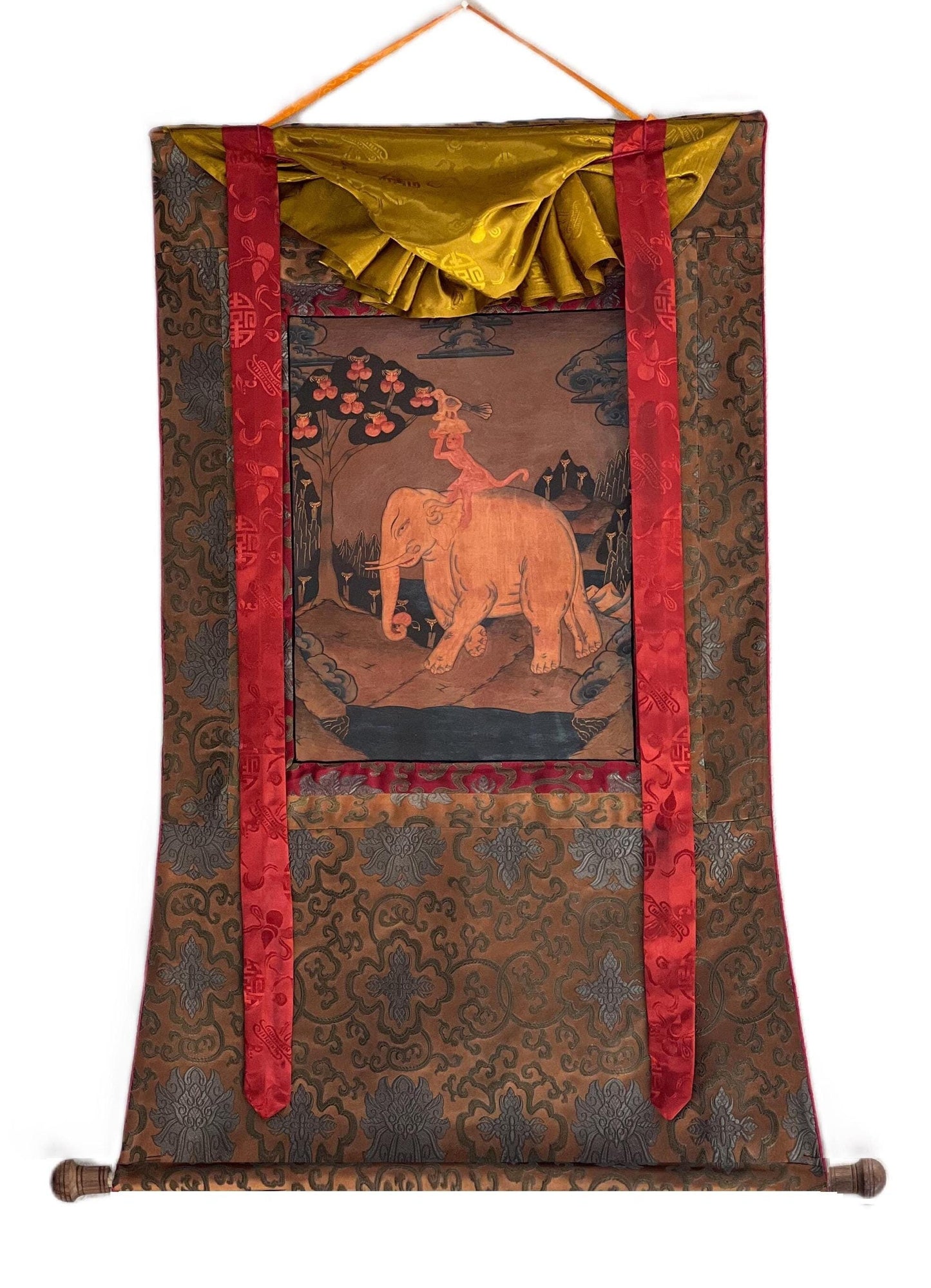Hand-Painted Four Friends Tibetan Thangka | Silk Brocade, Harmony