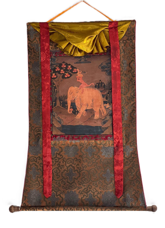 Hand-Painted Four Friends Tibetan Thangka | Silk Brocade, Harmony