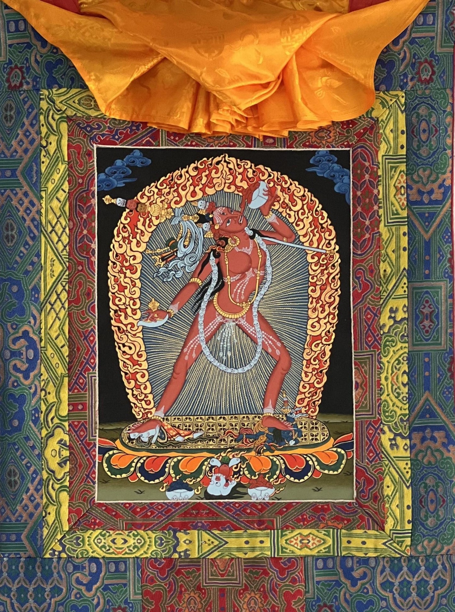 Hand-Painted Vajrayogini Thangka | Tibetan Vajrayan Art with Silk Brocade