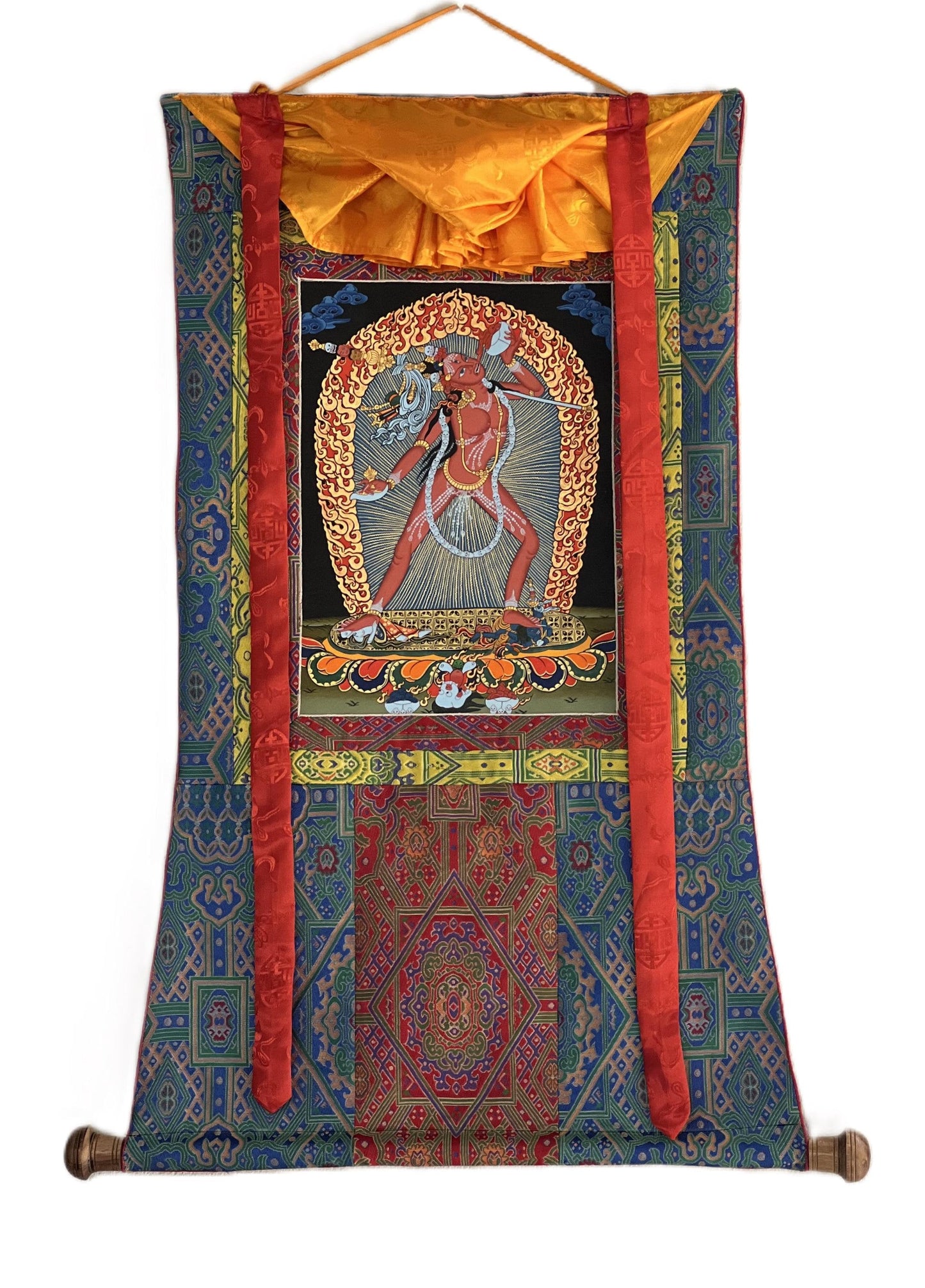 Hand-Painted Vajrayogini Thangka | Tibetan Vajrayan Art with Silk Brocade