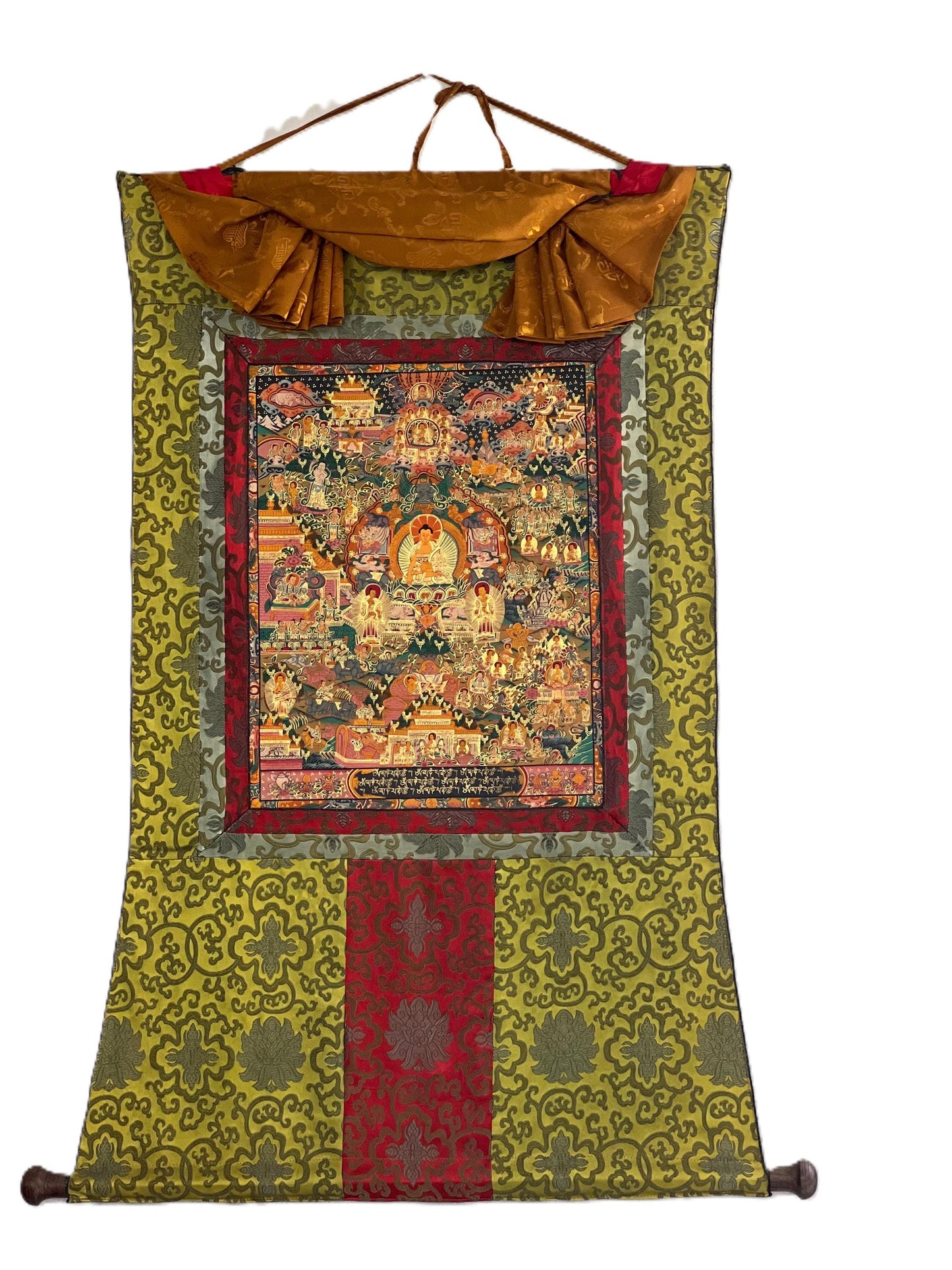 Hand-Painted Buddha Life Mandala Tibetan Thangka with Silk Brocade