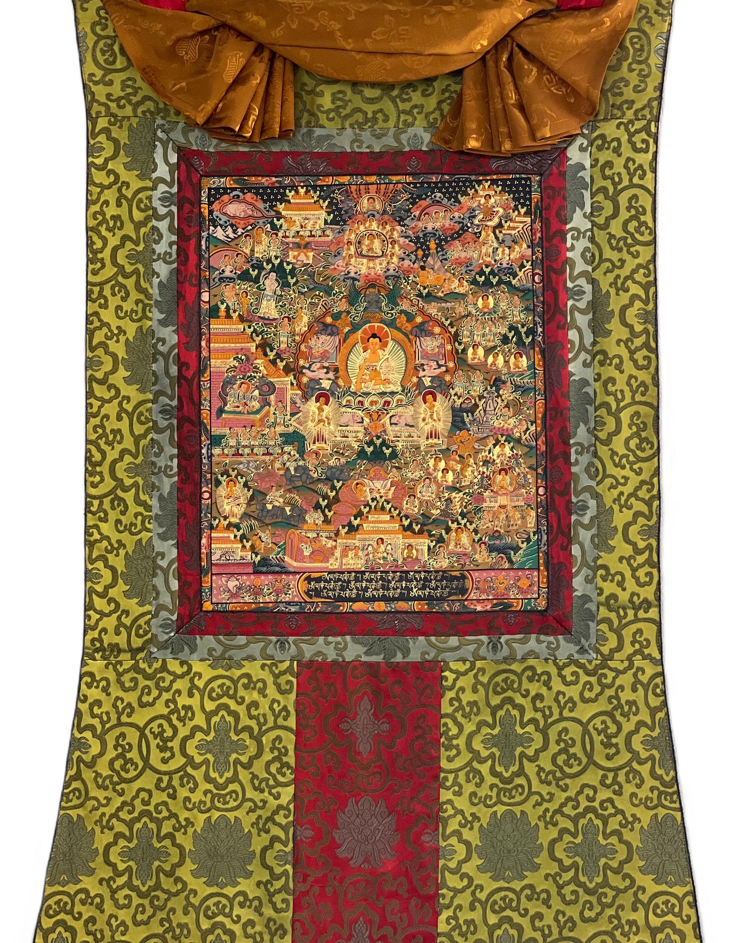 Hand-Painted Buddha Life Mandala Tibetan Thangka with Silk Brocade