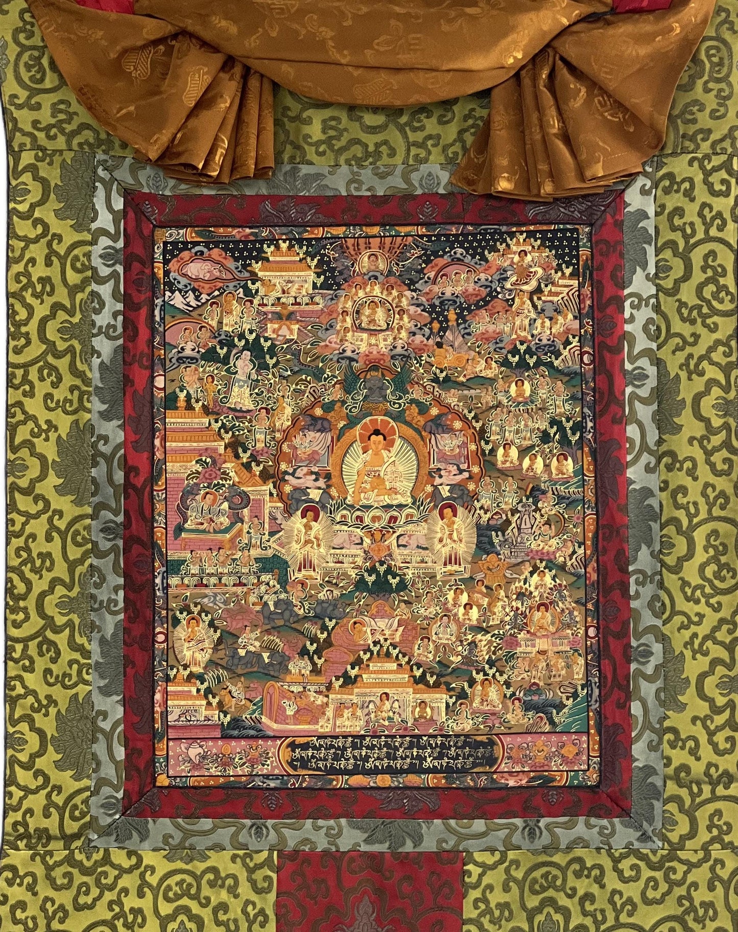 Hand-Painted Buddha Life Mandala Tibetan Thangka with Silk Brocade