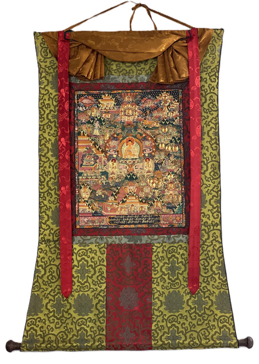 Hand-Painted Buddha Life Mandala Tibetan Thangka with Silk Brocade