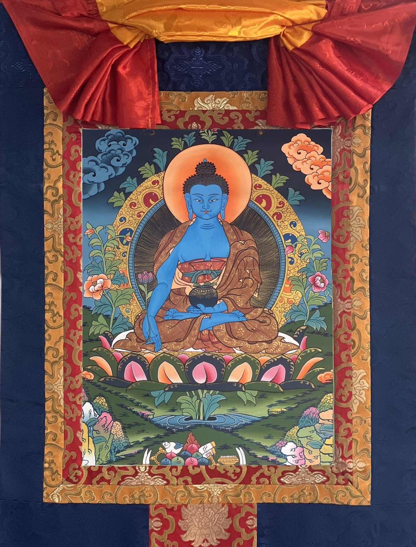 Hand-Painted Medicine Buddha Thangka Painting with Silk Brocade