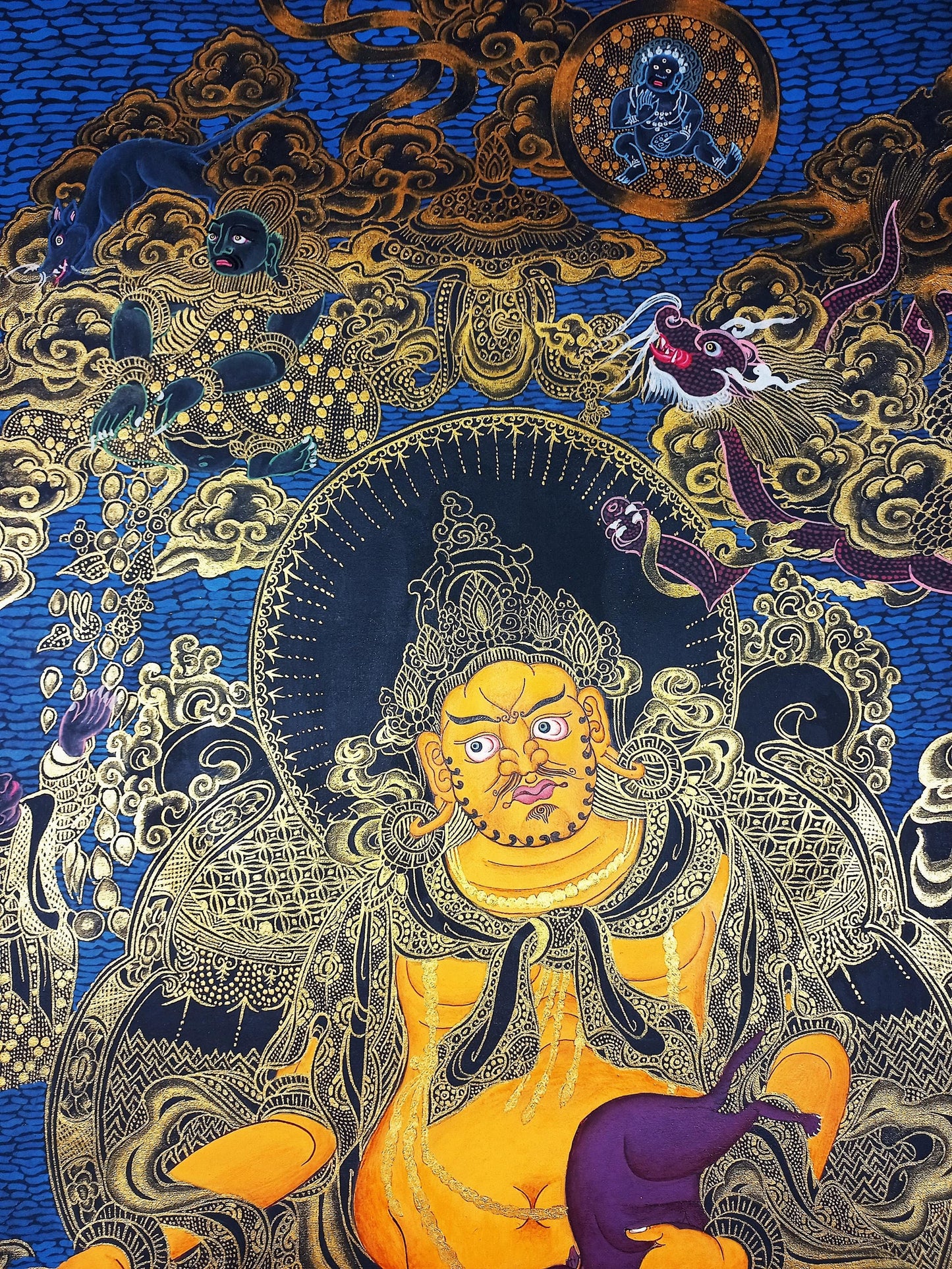 Hand-Painted Jambhala Thangka, God of Wealth Painting, Gold Tibetan Art