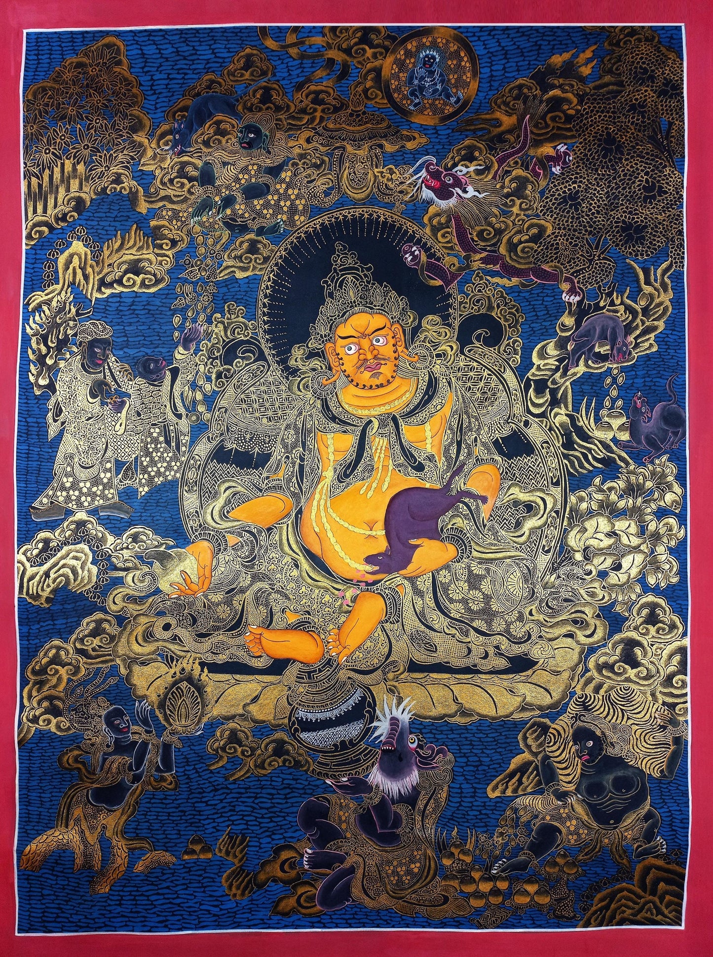 Hand-Painted Jambhala Thangka, God of Wealth Painting, Gold Tibetan Art