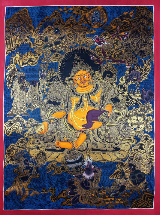 Hand-Painted Jambhala Thangka, God of Wealth Painting, Gold Tibetan Art
