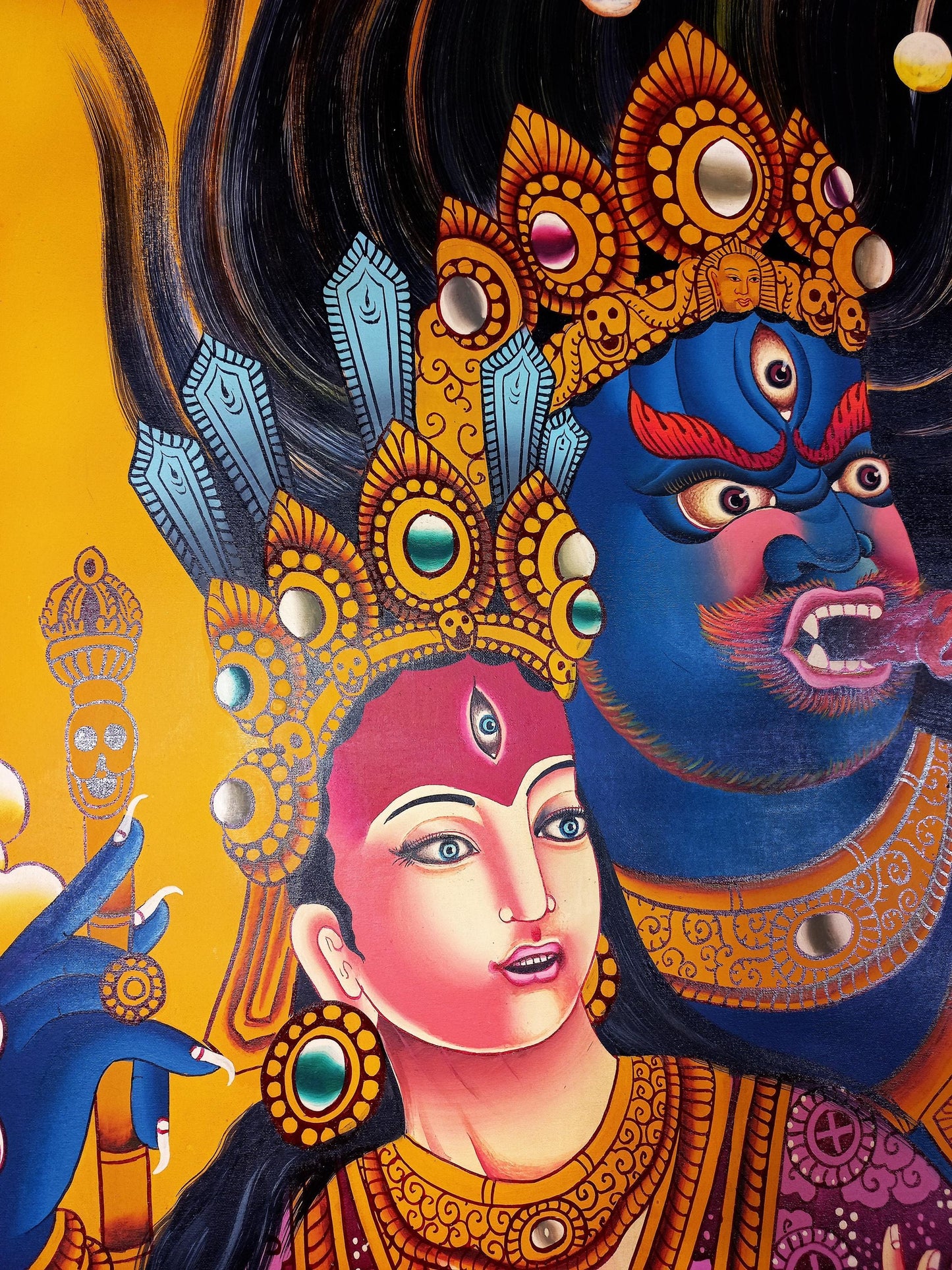 Hand-Painted Bhairava and Kumari Thangka Painting: Hindu Buddhist Art
