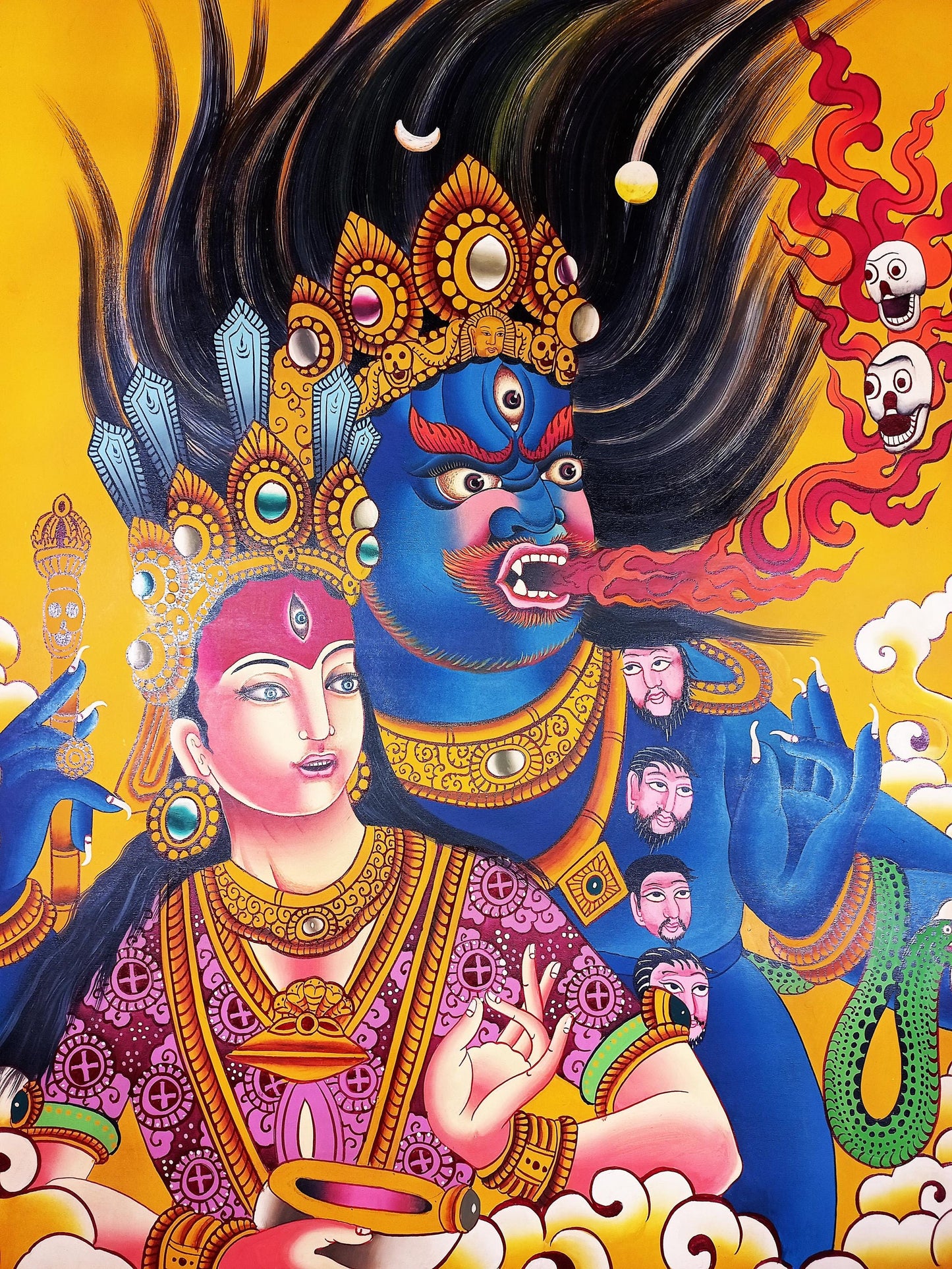 Hand-Painted Bhairava and Kumari Thangka Painting: Hindu Buddhist Art