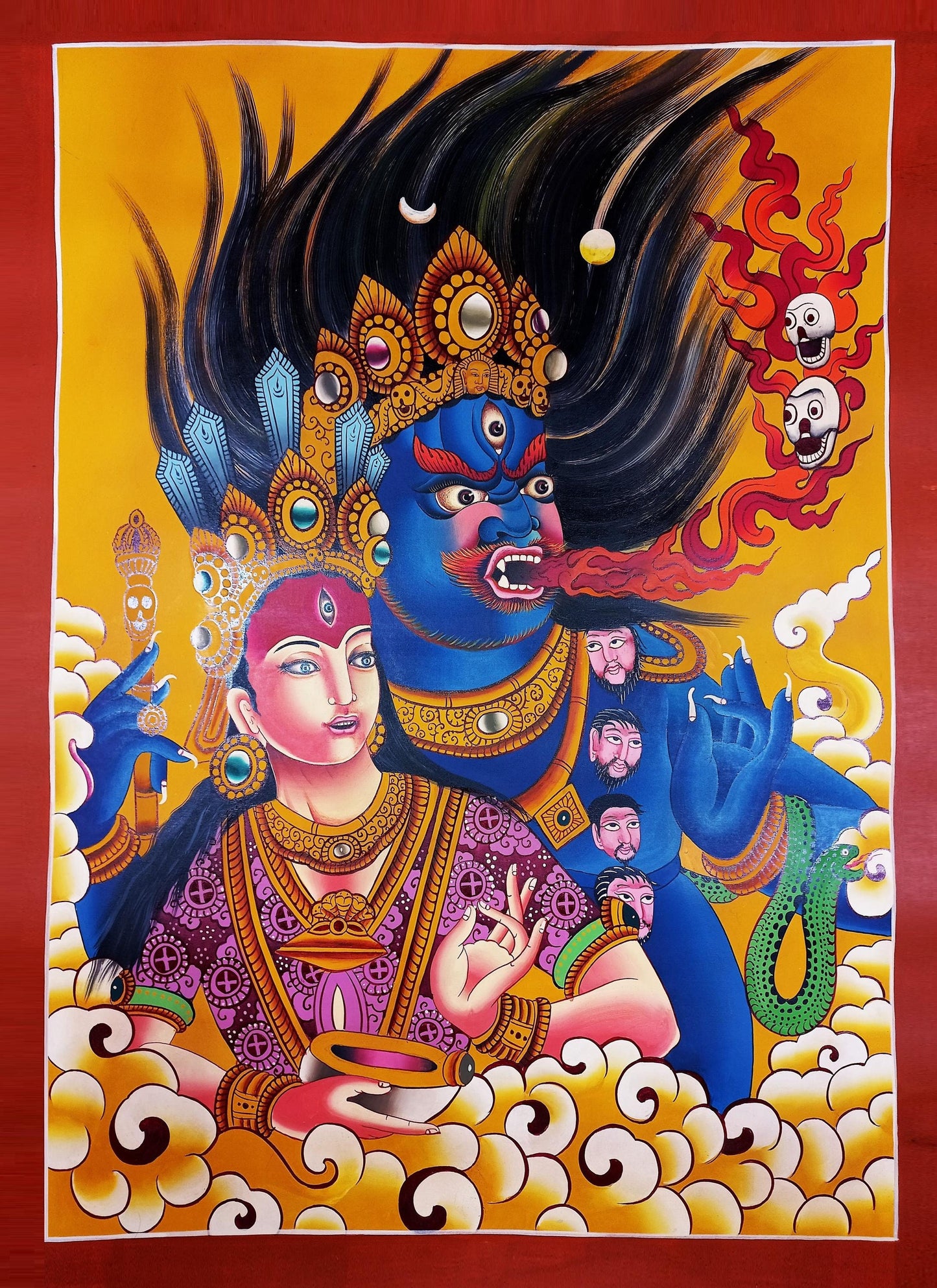 Hand-Painted Bhairava and Kumari Thangka Painting: Hindu Buddhist Art