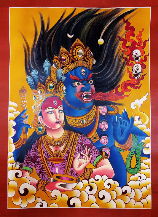 Hand-Painted Bhairava and Kumari Thangka Painting: Hindu Buddhist Art