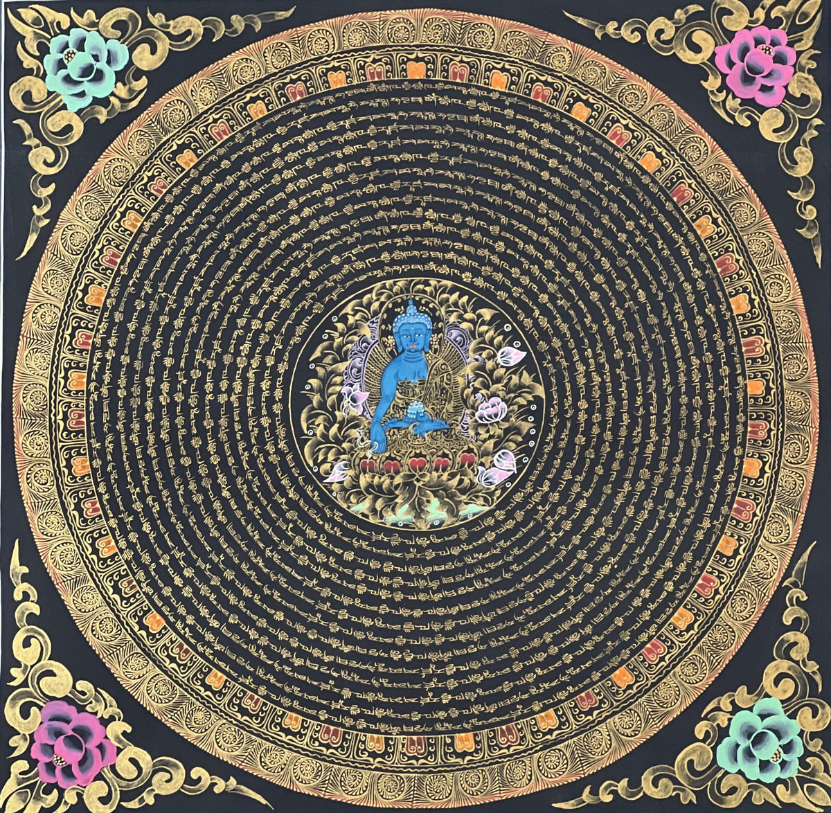 Medicine Buddha Mandala Thangka Painting: Om Mani Padme Hum, Home Decor