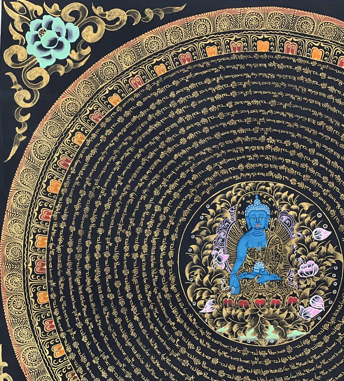 Medicine Buddha Mandala Thangka Painting: Om Mani Padme Hum, Home Decor