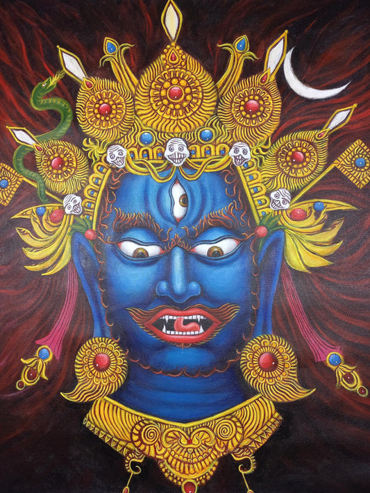 Bhairava Face Painting, Hand-Painted Acrylic Art (24x30 Inches)