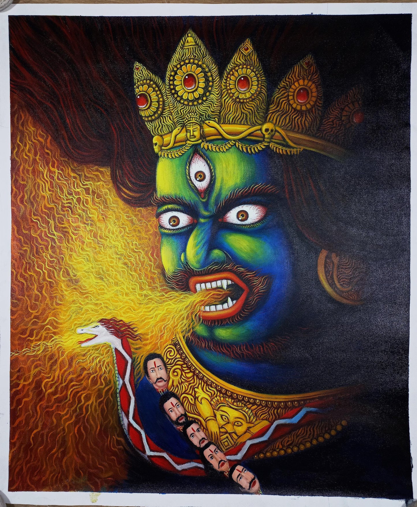 Hand-Painted Bhairava Face Acrylic Painting, Hindu Art (25x30 Inches)