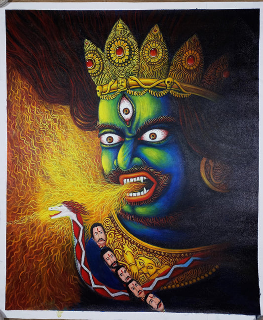 Hand-Painted Bhairava Face Acrylic Painting, Hindu Art (25x30 Inches)