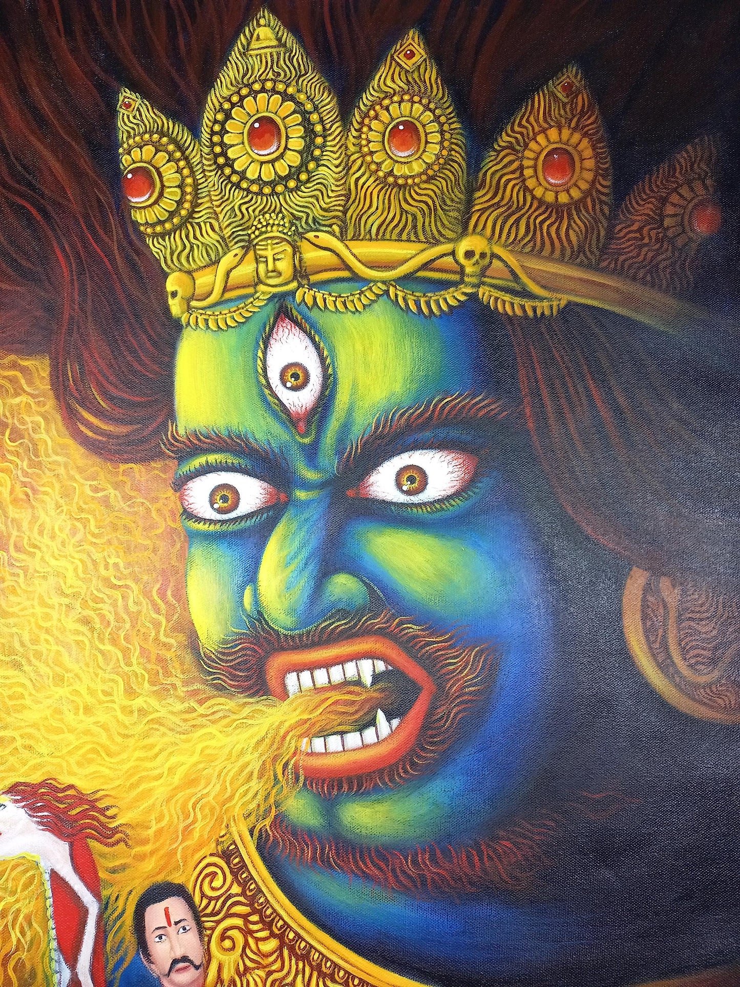 Hand-Painted Bhairava Face Acrylic Painting, Hindu Art (25x30 Inches)