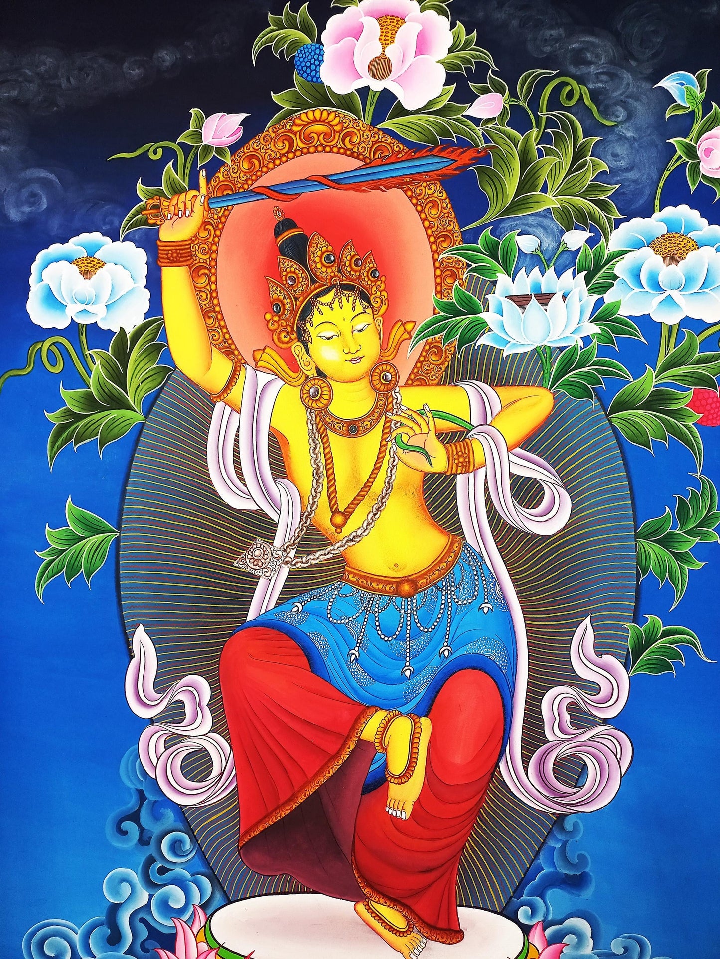 Hand-Painted Manjushree Thangka Painting, Tibetan God of Wisdom