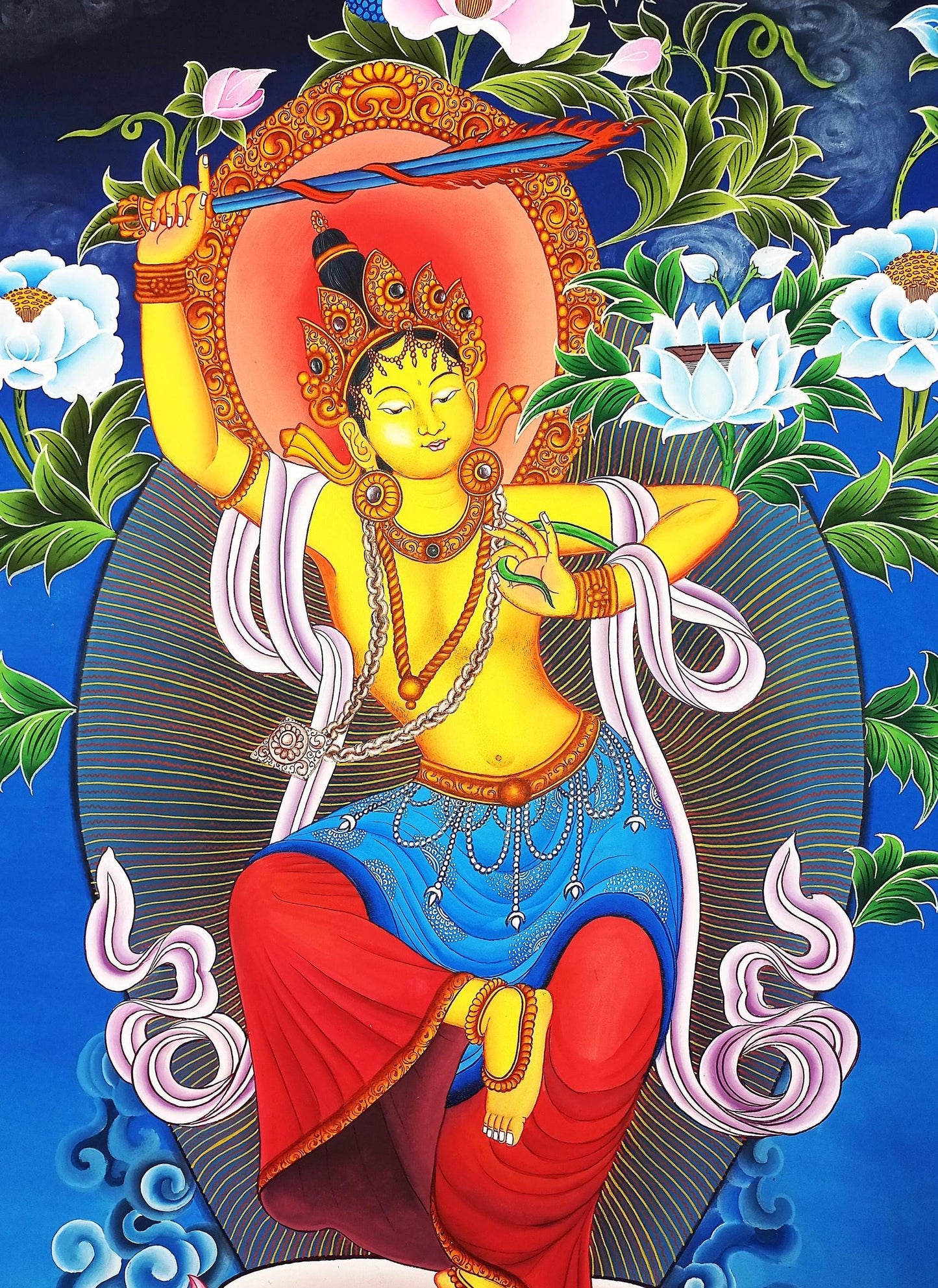 Hand-Painted Manjushree Thangka Painting, Tibetan God of Wisdom