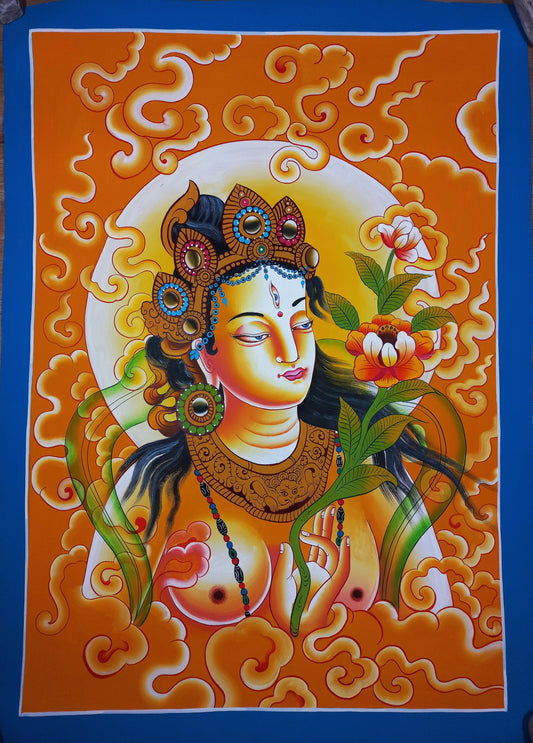 White Tara Painting, Newari Style Thangka, Handmade Cotton Canvas
