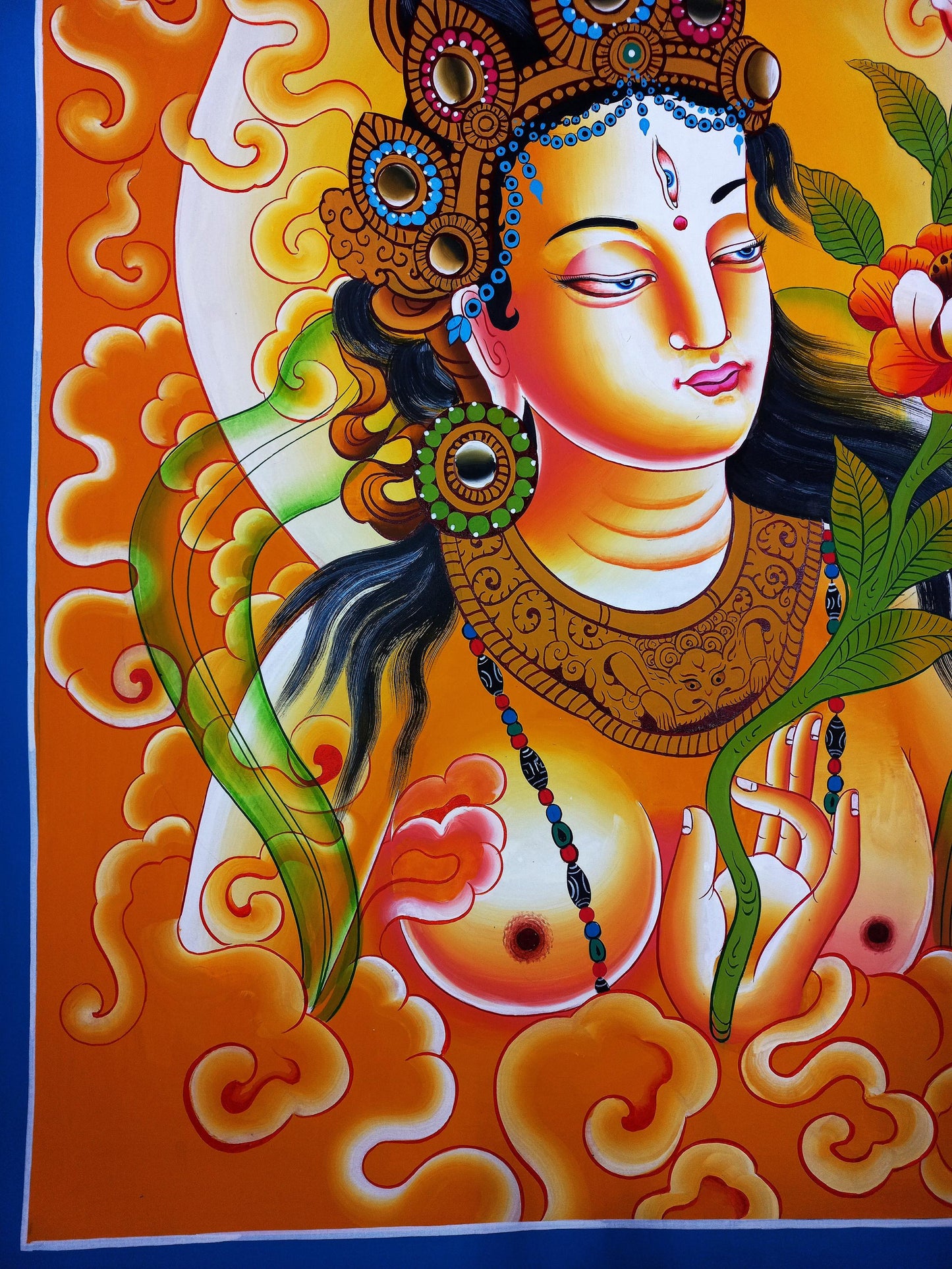White Tara Painting, Newari Style Thangka, Handmade Cotton Canvas
